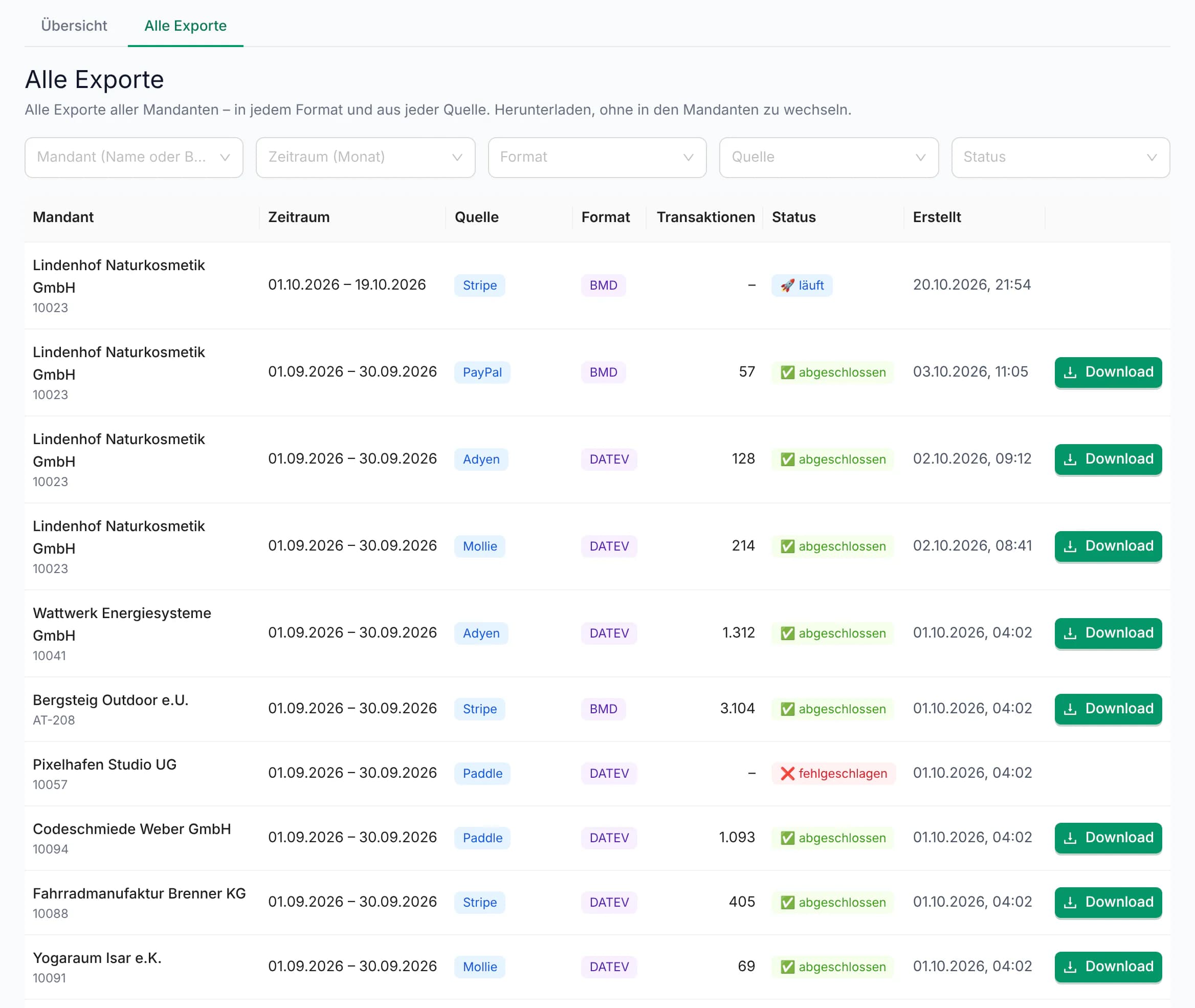 List of all exports of all clients with filters, period, source, format, transactions, status and download button