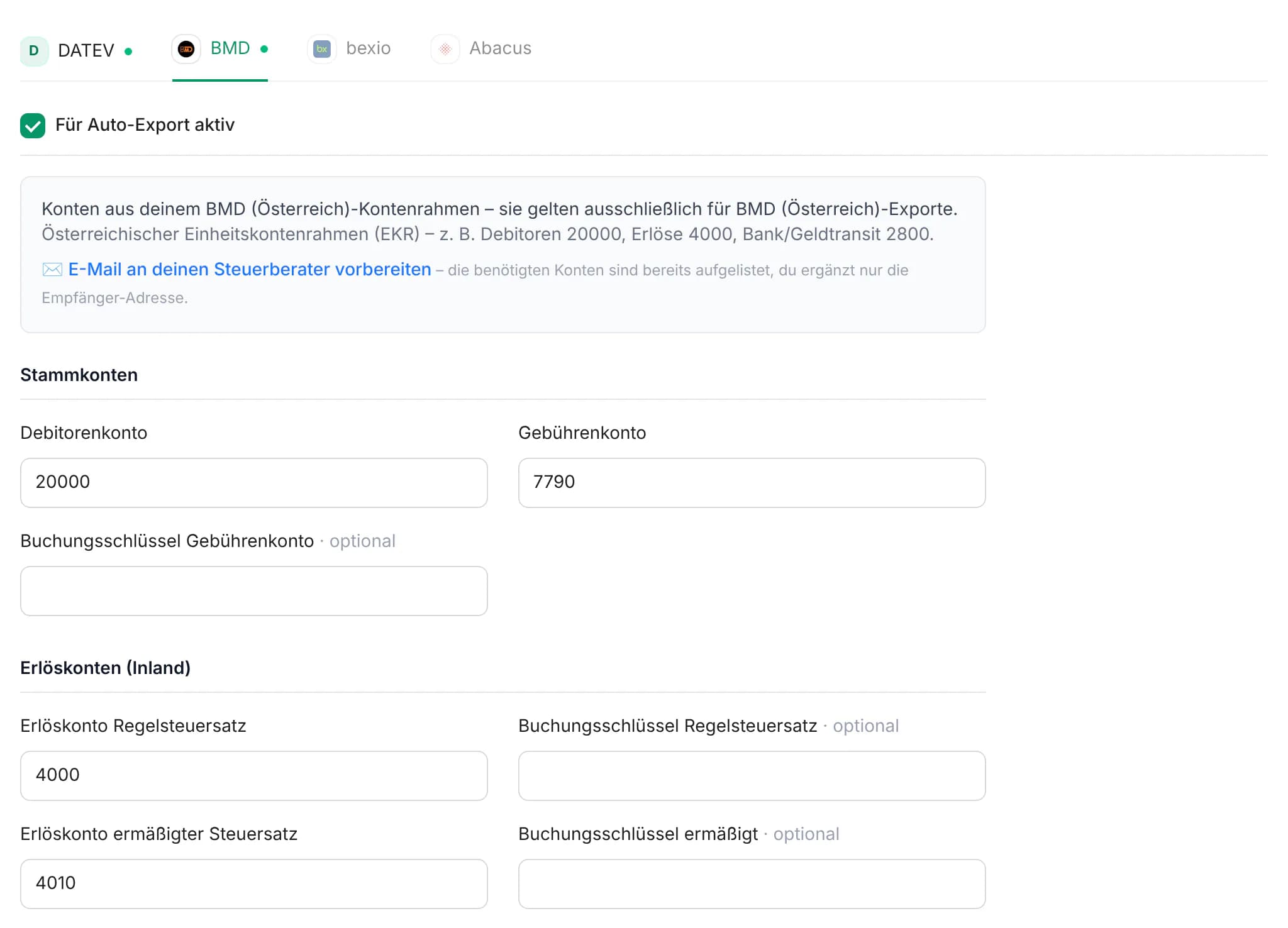 Accounting settings for BMD with debtor account, fee account and revenue accounts