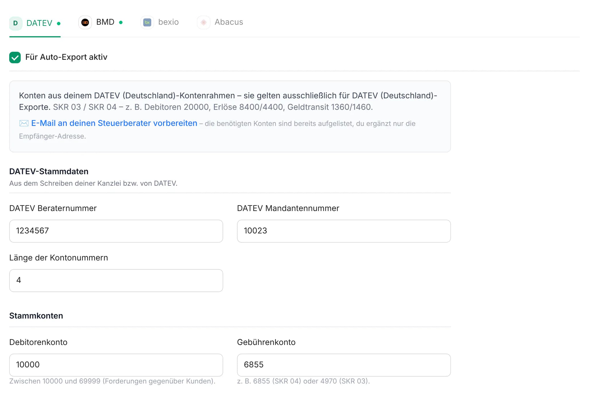 Accounting settings for DATEV with advisor number, client number and main accounts