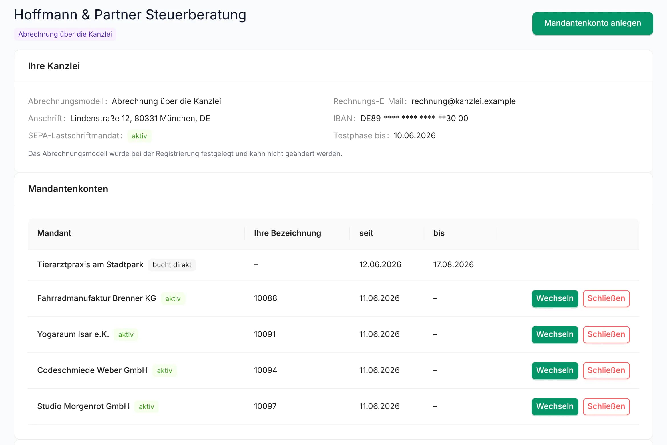Firm page with billing model, SEPA direct debit mandate and the list of client accounts