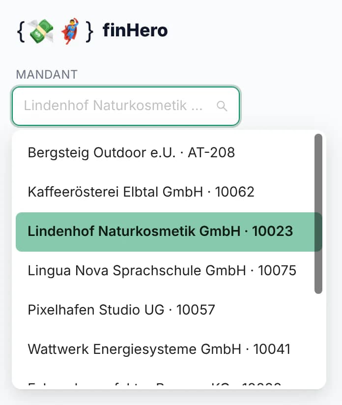 Open client selector in finHero with client names and client numbers